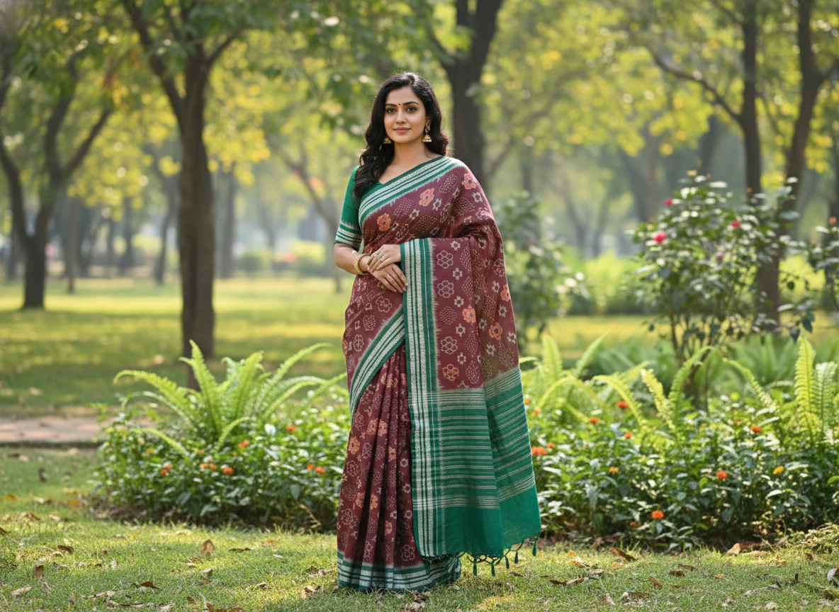 Brown Handwoven Ikat Cotton Saree