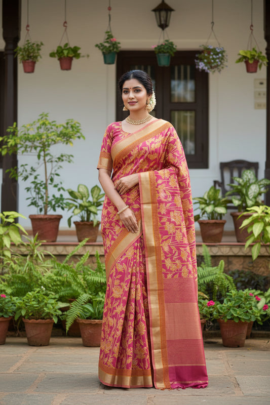 Pink & Mustard Yellow Cotton Saree