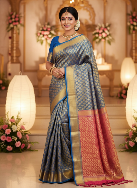 Blue Kora Muslin Saree with Zari Weaving Design