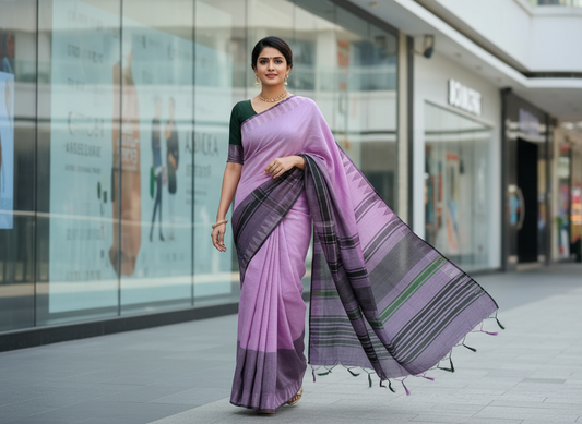Purple Handloom Linen Saree with Temple Border