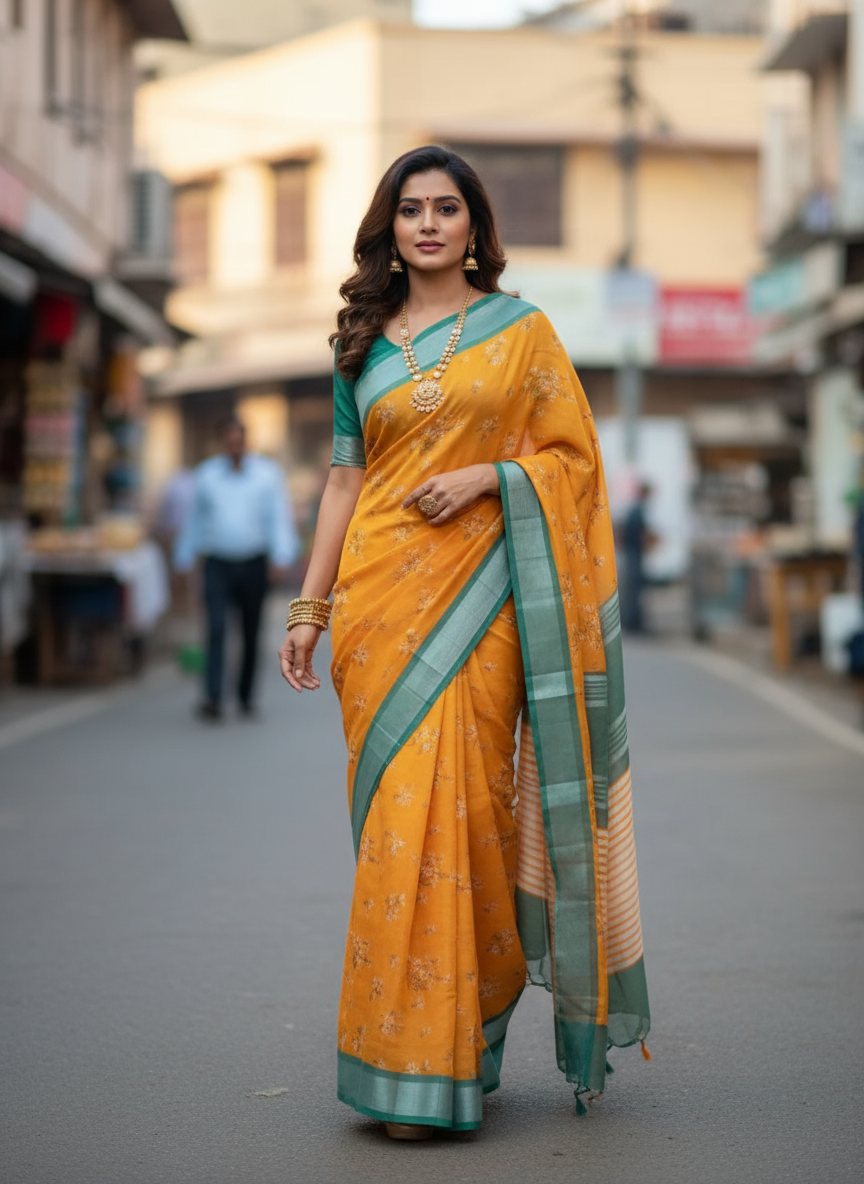 Orange Organic Linen Saree