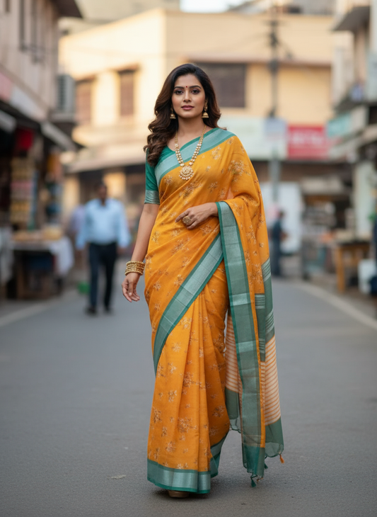 Orange Organic Linen Saree