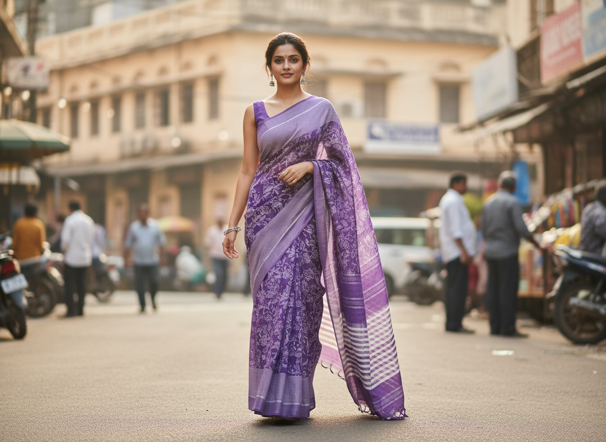 Violet Organic Linen Saree