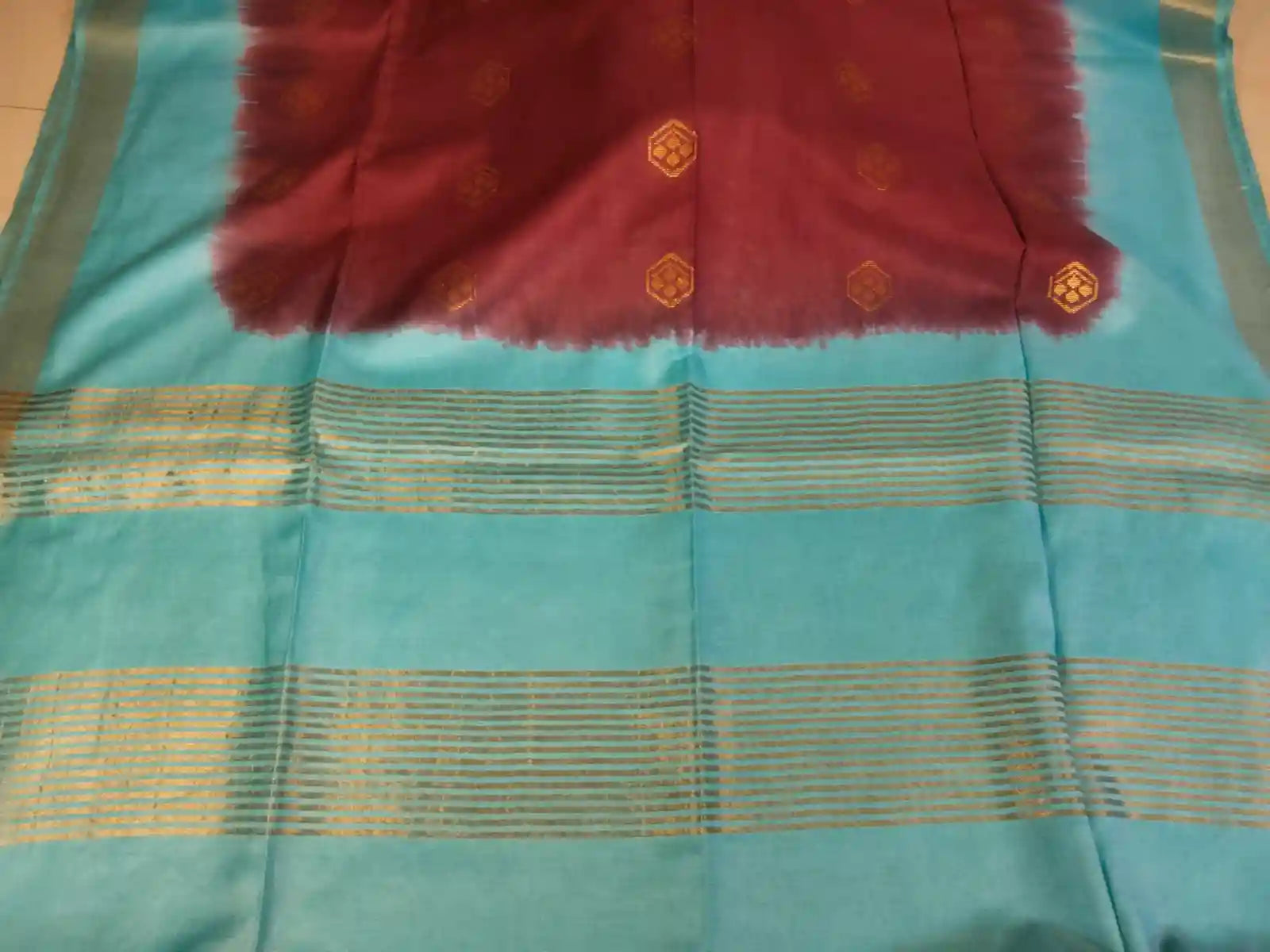 Pallu of Dark Maroon & Blue Cotton Viscose Saree