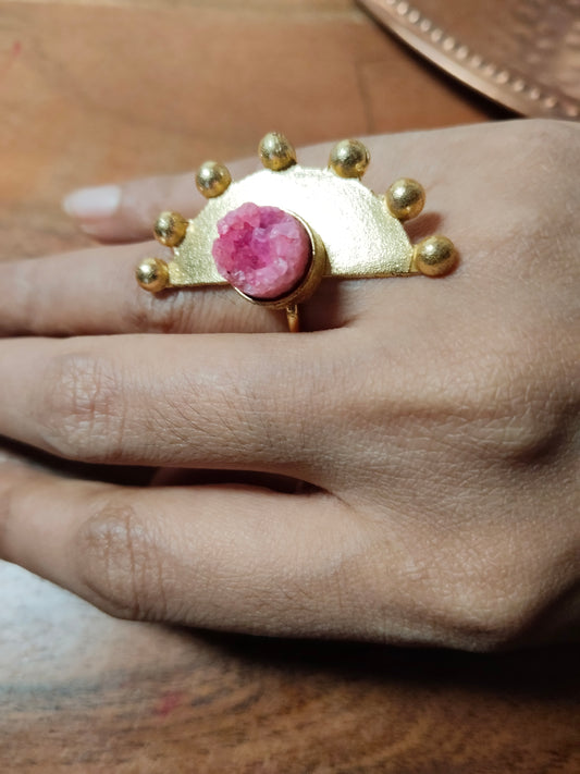 Dark Pink Druzy & Textured Gold Semicircle Ring