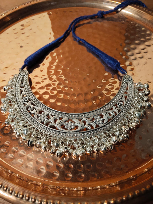 Blue Threaded Silver Choker Necklace