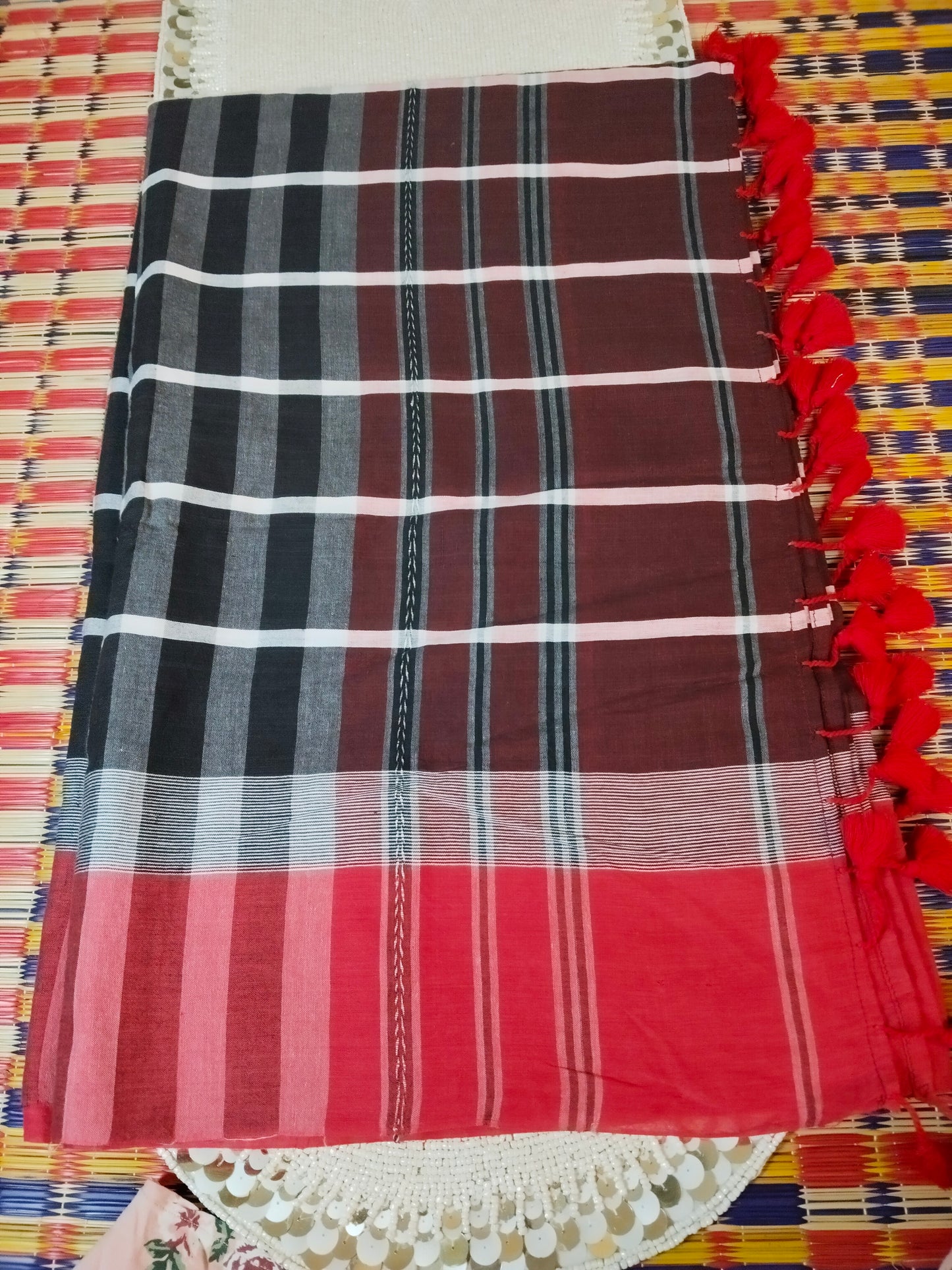 Dark Maroon & Red Handloom Cotton Saree