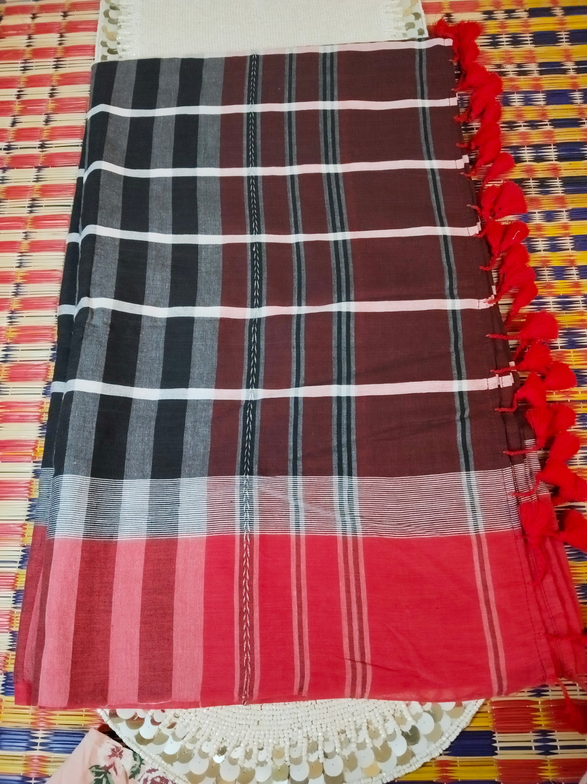 Dark Maroon & Red Handloom Cotton Saree